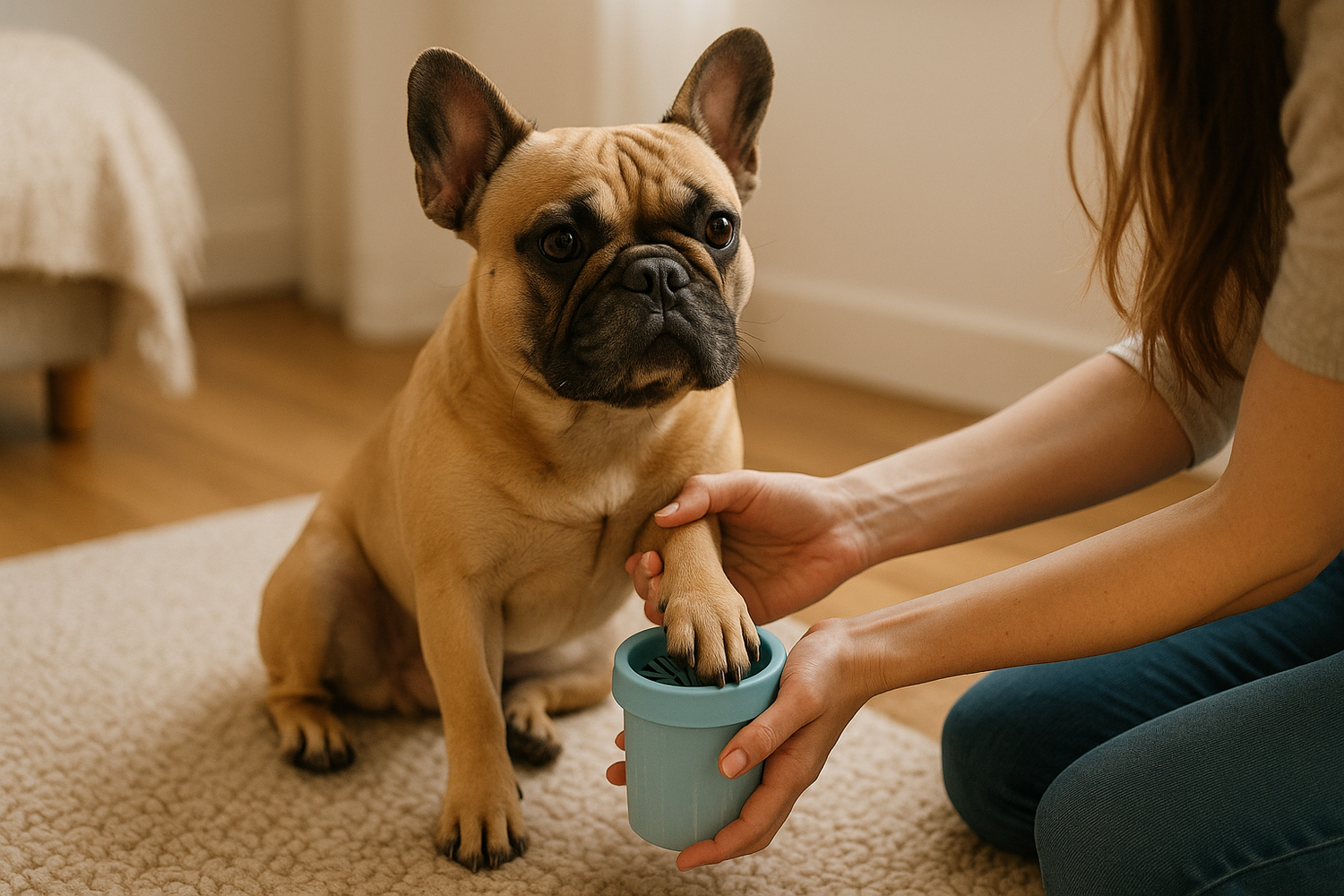A French Bulldog sitting indoors on a cozy floor, with one paw gently placed inside a paw cleaner cup. A woman’s hands are holding the dog’s paw, and a hint of her long brown hair is visible. Soft natural lighting, warm and minimal background, realistic photography style, candid and cozy home atmosphere. Focus on cleanliness, care, and approachability.