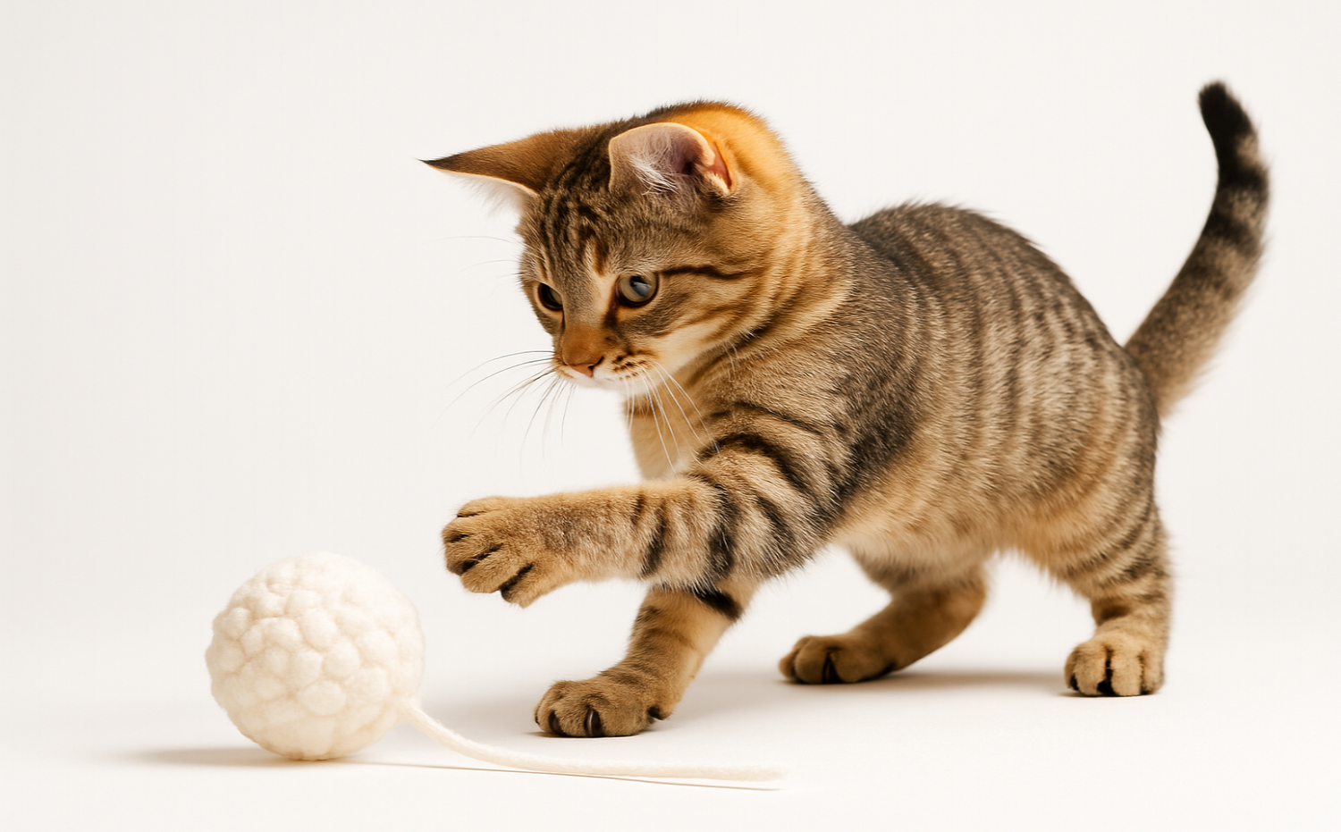 Cat playing with a fabric cotton ball and 1 string is stretched from the ball, white background 